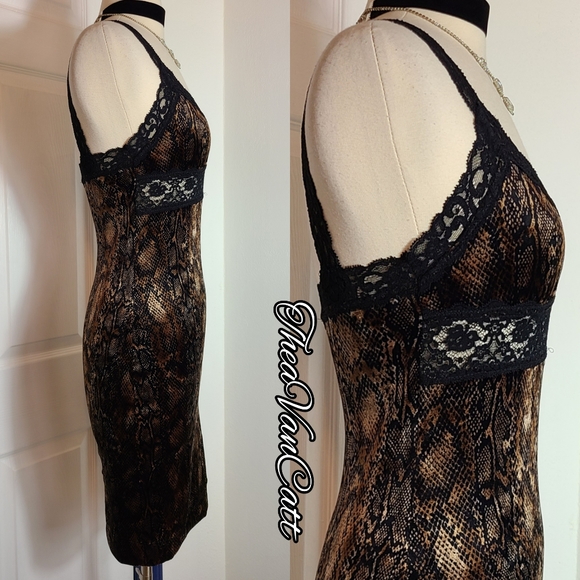 Betsey Johnson SET stretch VELVET & lace snake print dress & button up cardigan! - Picture 10 of 12